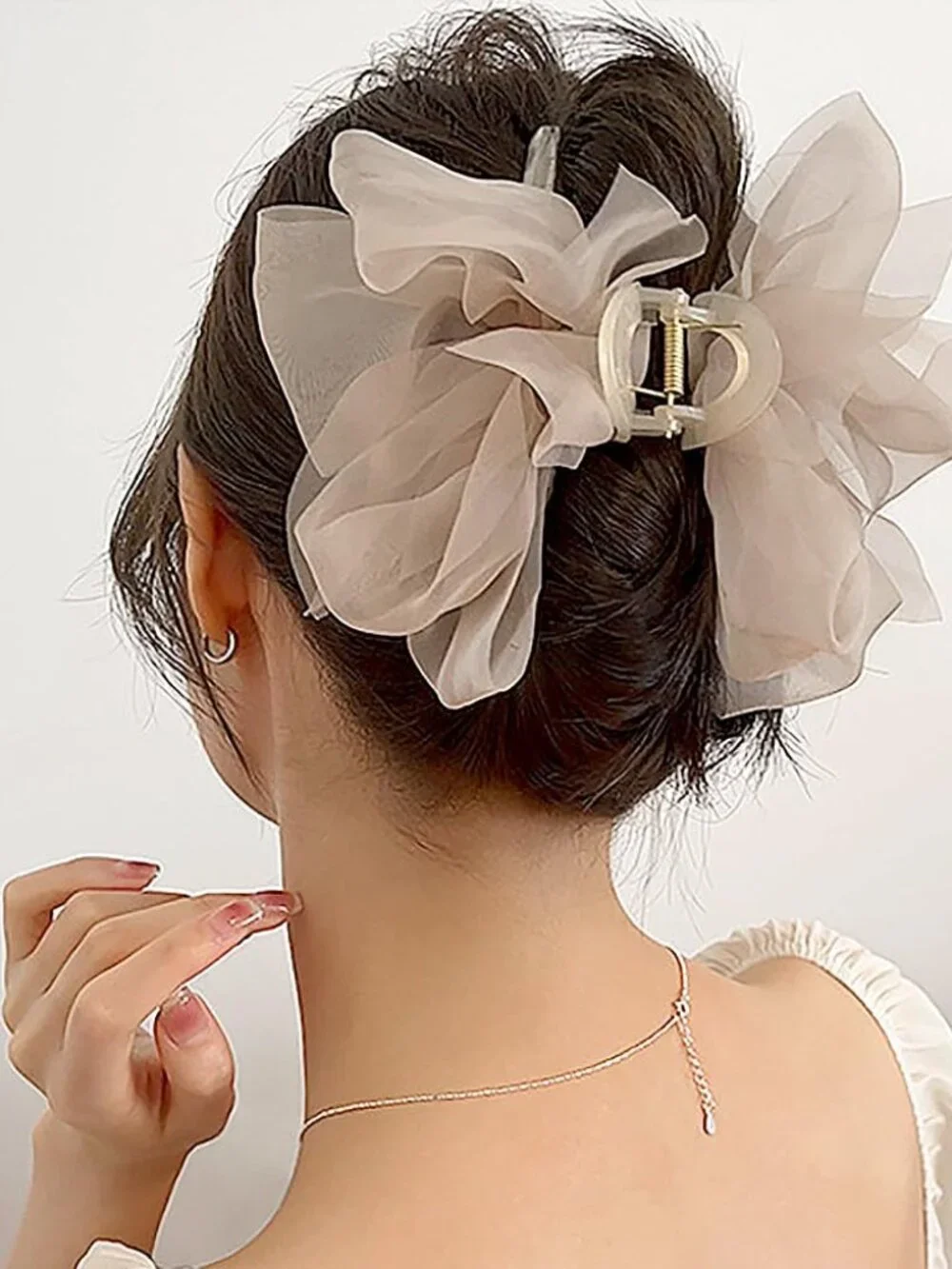 Hair Clip, Light Coffee Chiffon Bowknot Hair Claw Clips for Thick Hair, Large Cl - Picture 8 of 8